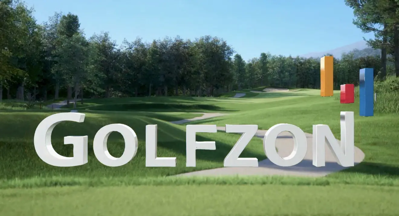 3D Golfzon logo against a golf course backdrop